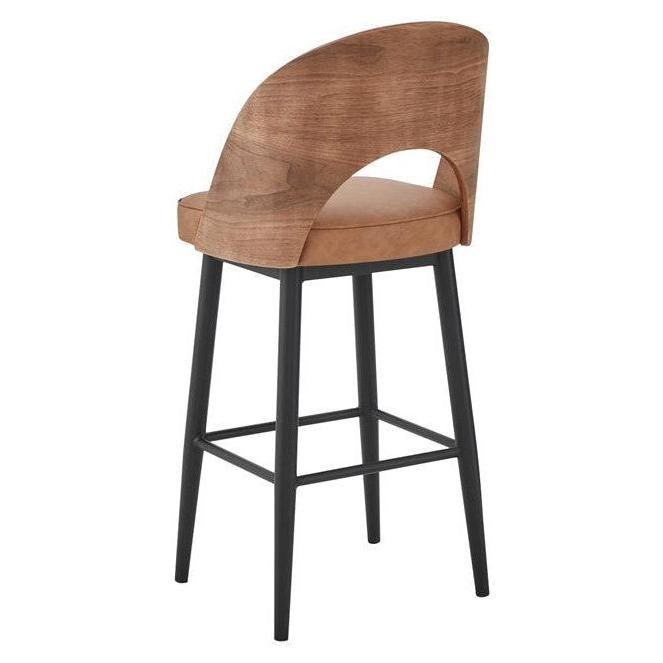 Indoor metal bar stool with curved wood backrest and light brown padded seat