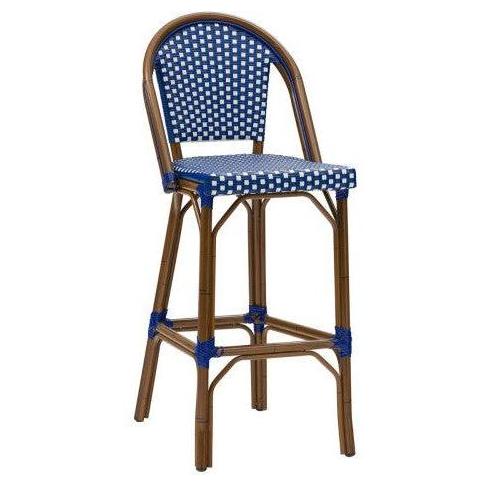 Tabouret de bar extérieur AZINA en aluminium finition noyer avec rotin synthétique bleu/blanc