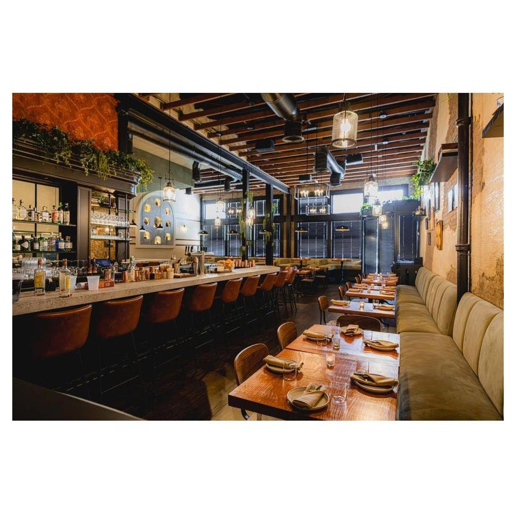 Bar stool for restaurant JONI in brown vinyl with metal structure wood effect