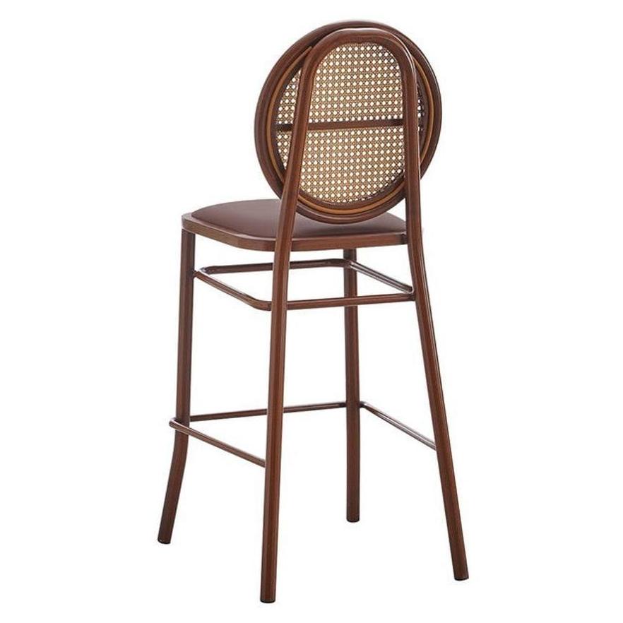 Indoor metal bar stool with poly-woven backrest and mahogany vinyl seat