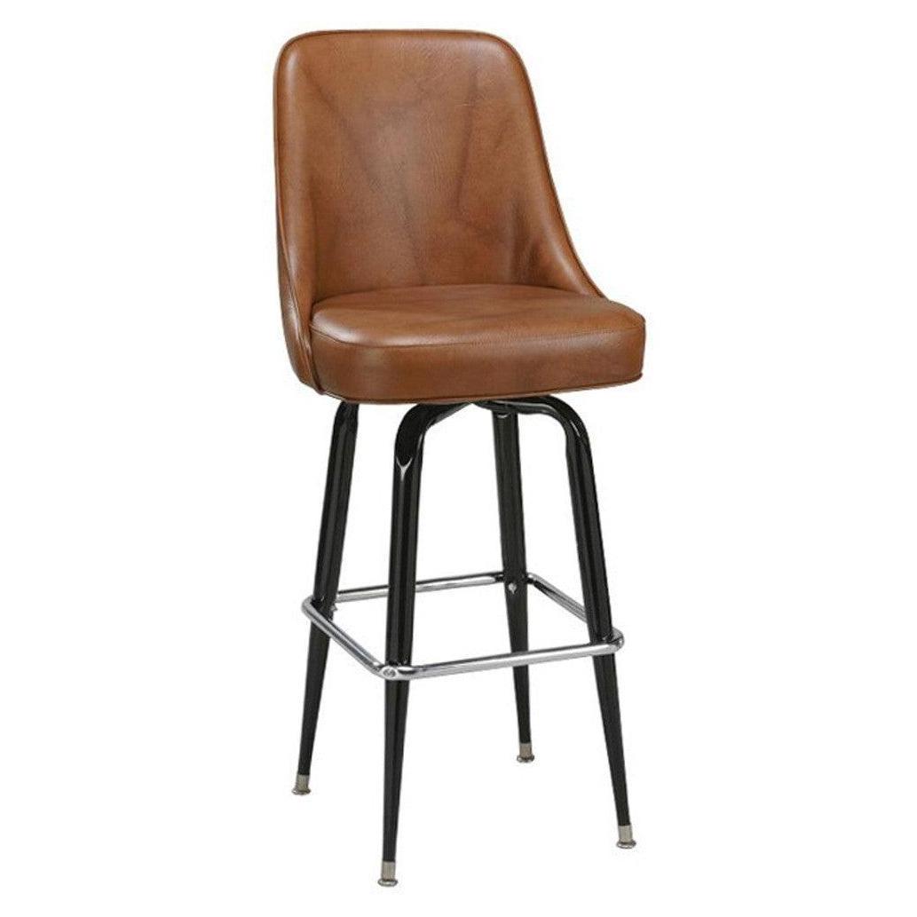 Taburete de bar tapizado a medida con base negra y reposapiés cromado