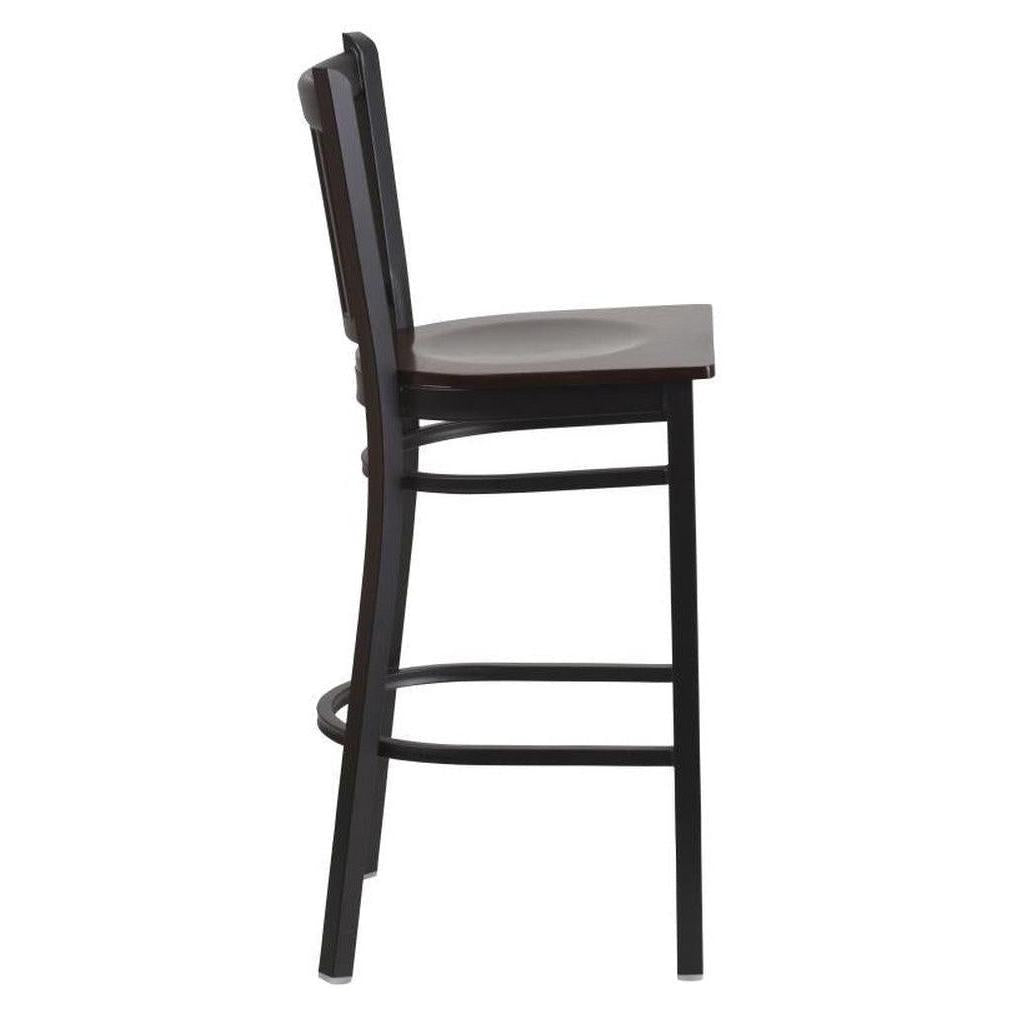 Bar stool for restaurant TITAN with black vertical metal backrest and walnut wood seat