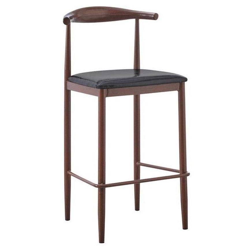 Bar stool in metal with walnut finish and black vinyl seat