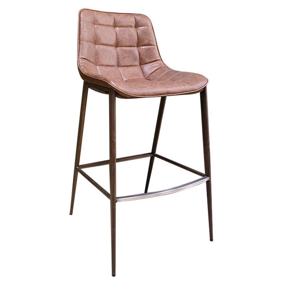 Metal bar stool with wood finish and padded brown seat
