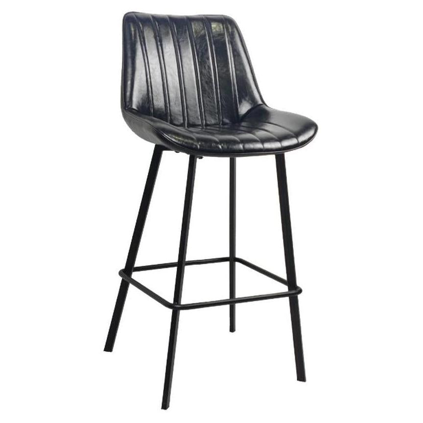 Tabouret de bar en métal noir avec assise et dossier vinyle noir à cannelures verticales