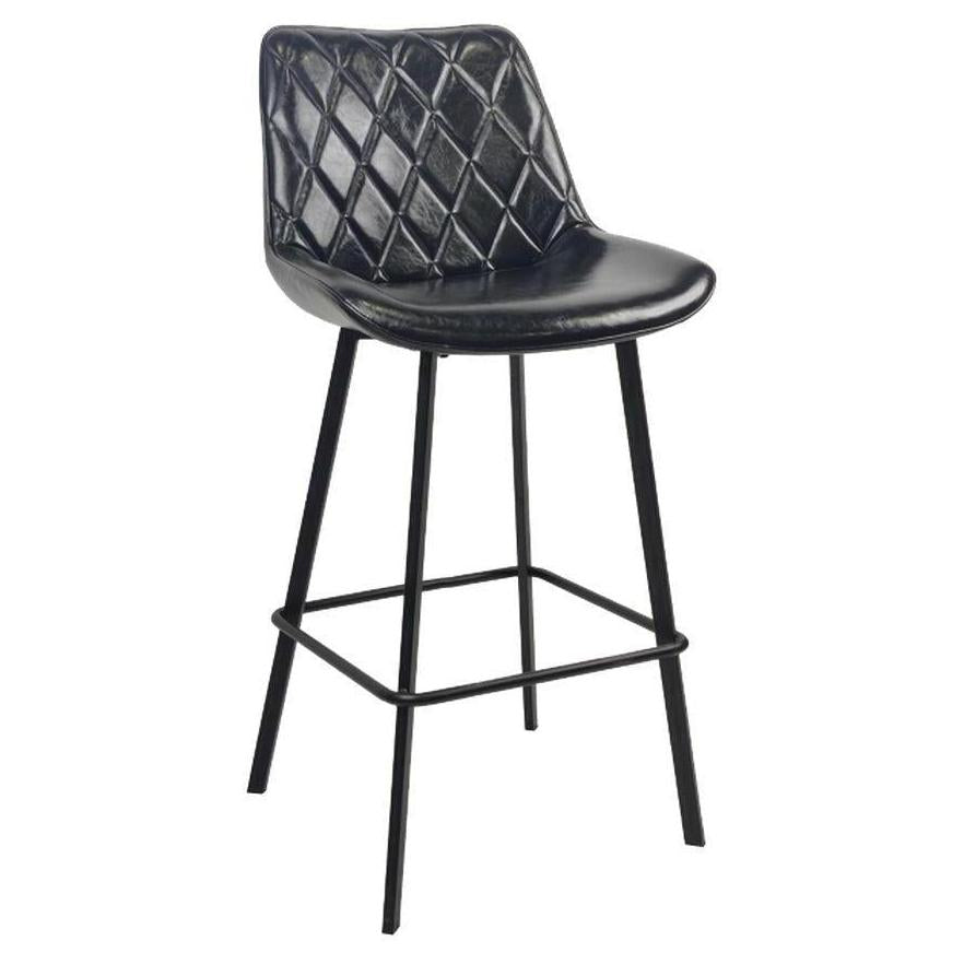 Tabouret de bar en métal noir avec assise et dossier vinyle noir à motif losange