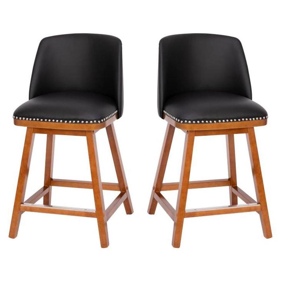 Lot de 2 tabourets de bar SARKO rembourrés en cuir LeatherSoft avec clous décoratifs argent et finition noyer