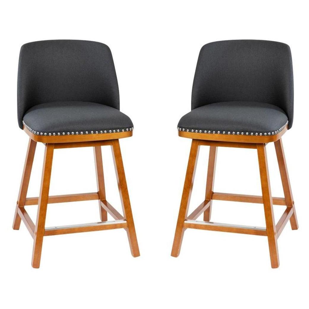 Lot de 2 tabourets de bar SARKO rembourrés tissu imitation lin avec clous décoratifs argent et finition noyer