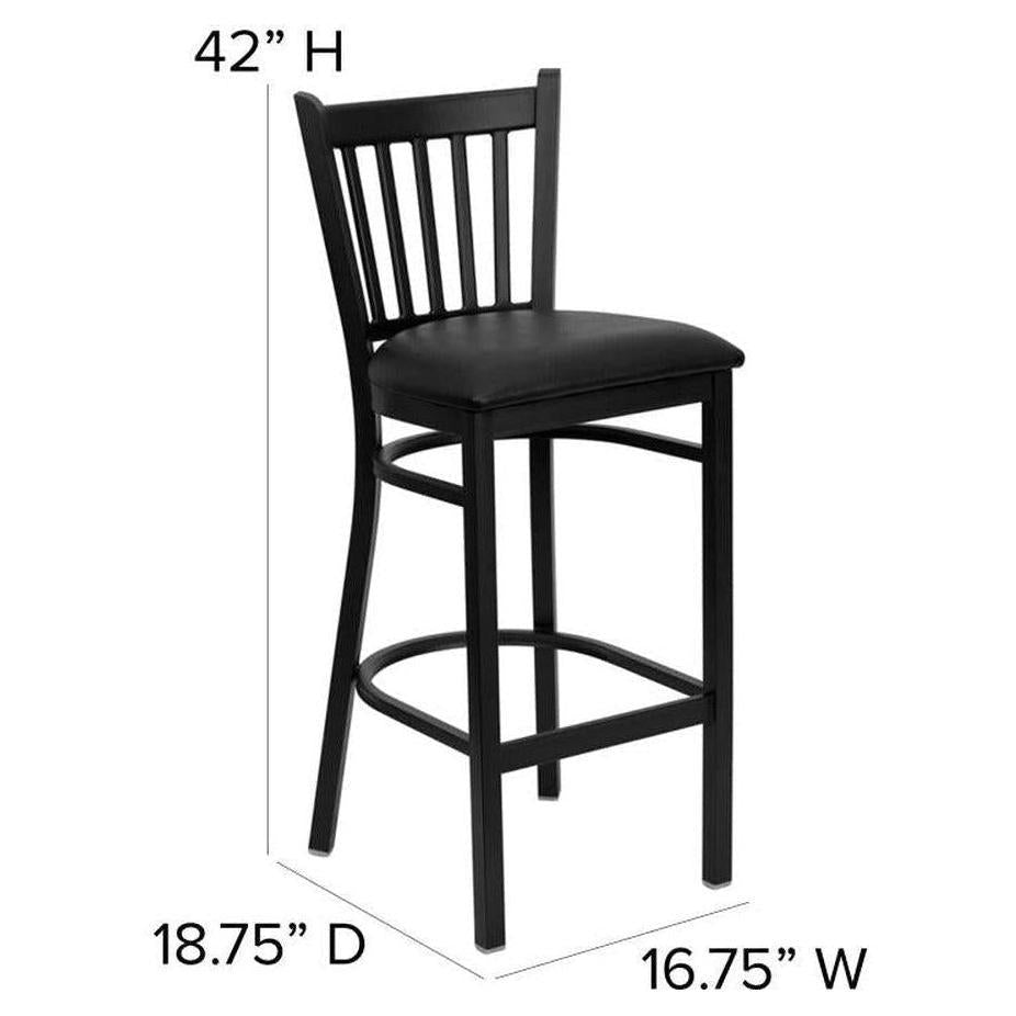 Bar restaurant stool TITAN in black metal with vertical backrest and black vinyl seat