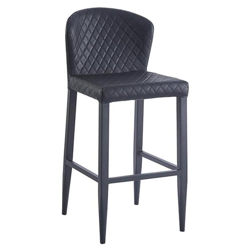 Bar stool in metal with diamond pattern stitching and black vinyl seat