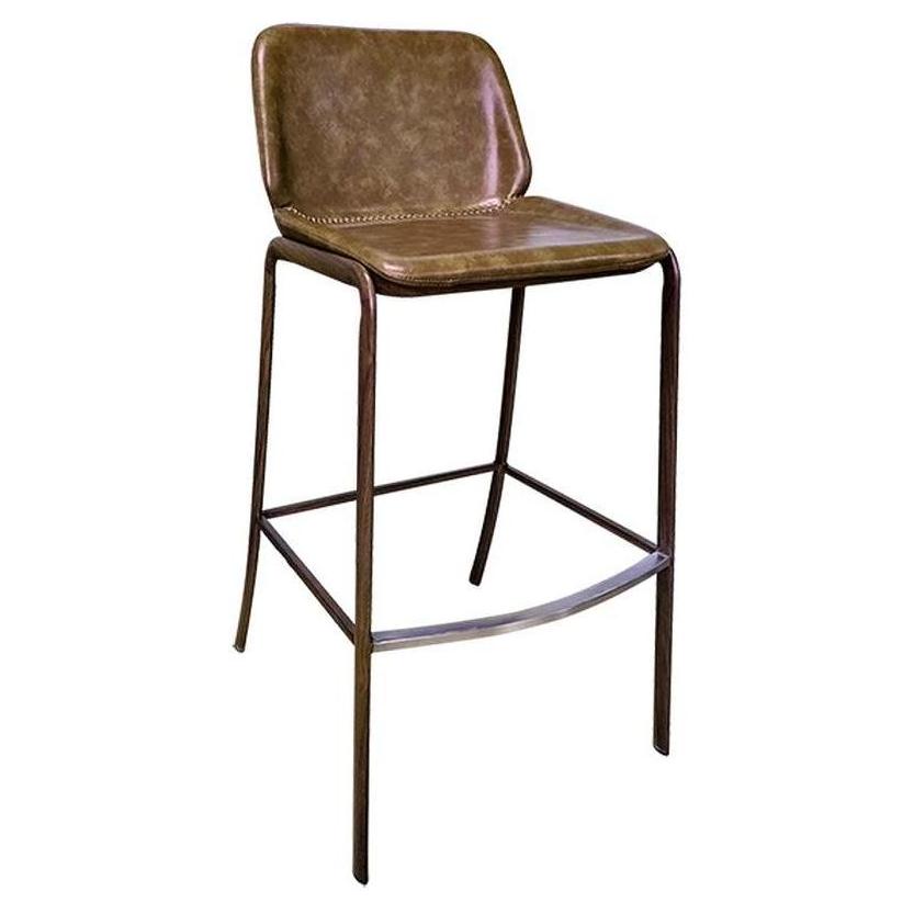 Bar stool in steel with wood finish and brown vinyl seat