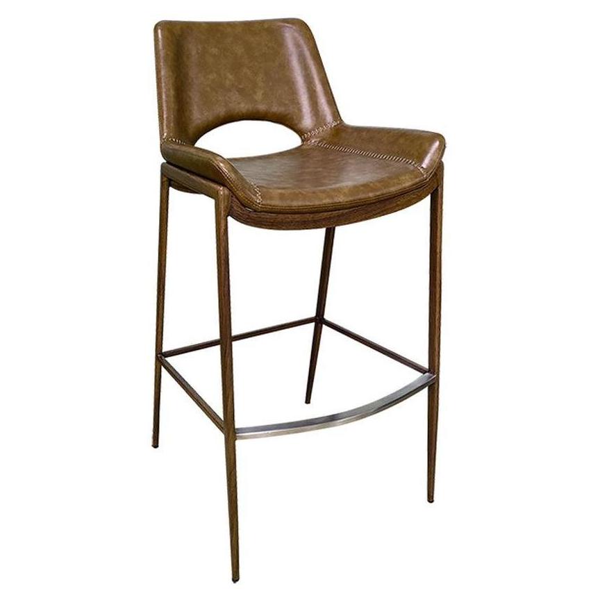 Bar stool in steel with wood finish and brown vinyl seat with cross stitching