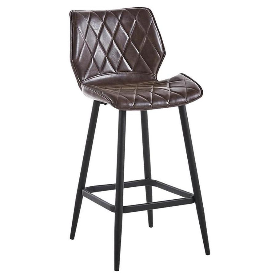 Tabouret de bar en métal avec assise vinyle marron foncé à surpiqûres losange