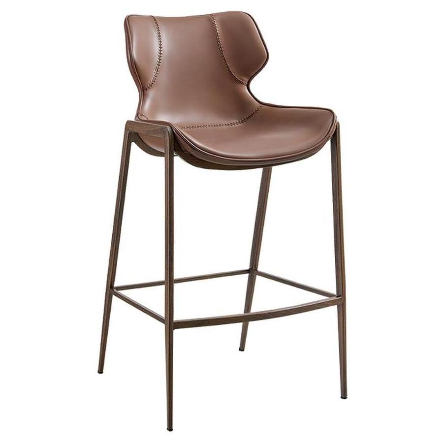 Indoor metal bar stool with wood finish and modern brown vinyl seat