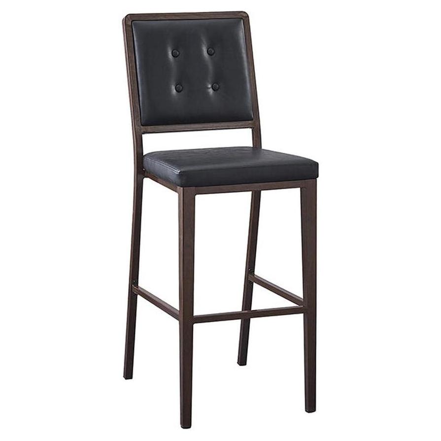 Bar stool in metal with walnut finish and black vinyl seat and backrest