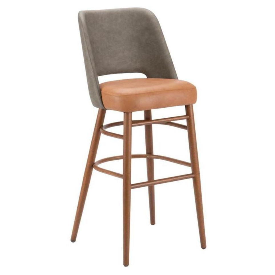 Tabouret de bar bas rond en hêtre européen avec dossier ouvert rembourré