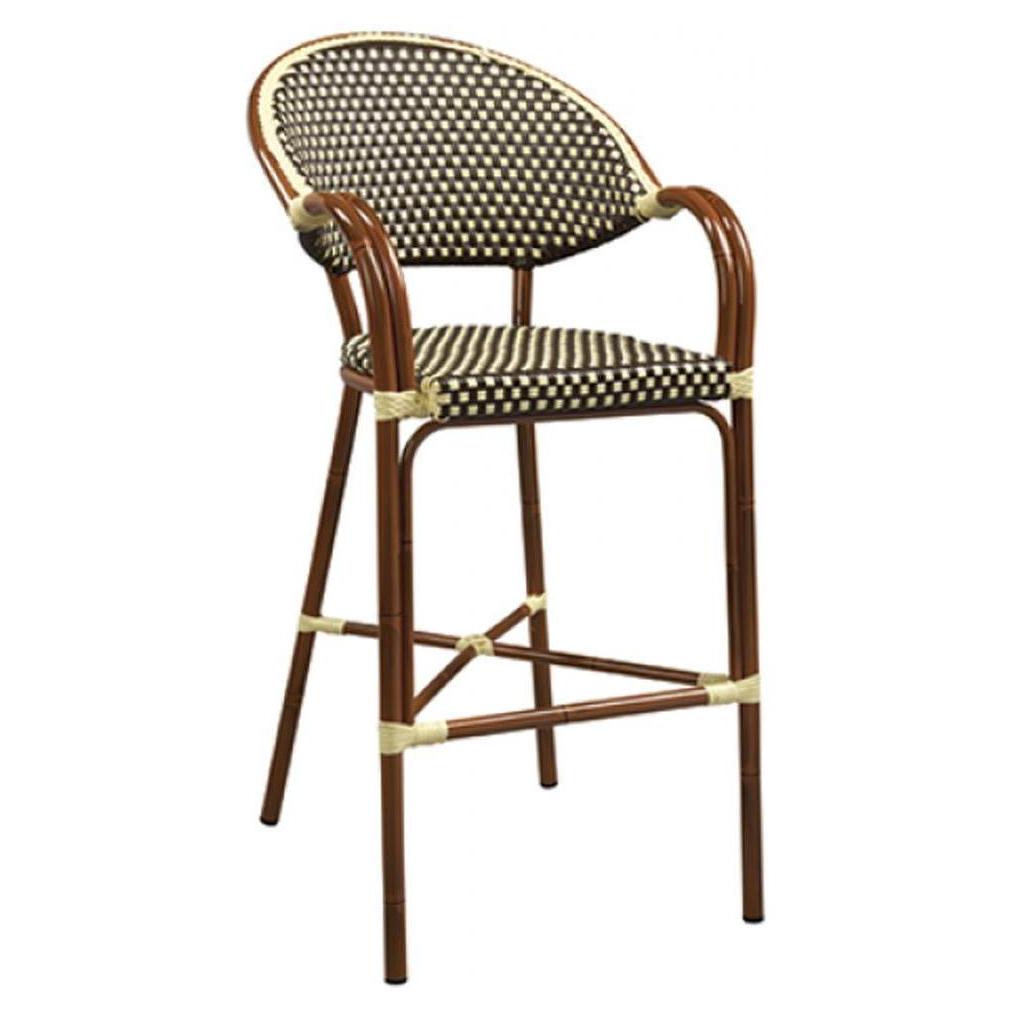 Tabouret de bar extérieur Capri en aluminium finition acajou avec tressage nylon beige-brun