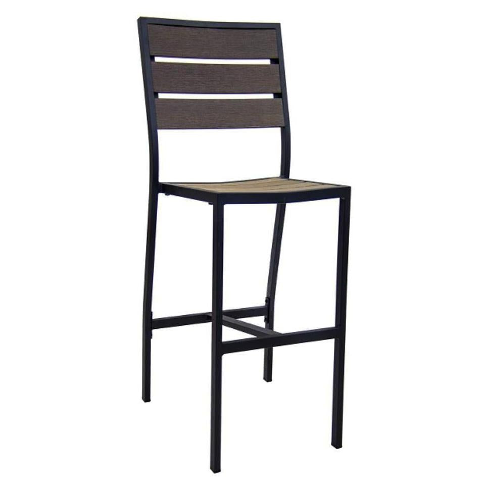 Tabouret de bar extérieur en aluminium noir avec assise et dossier imitation teck