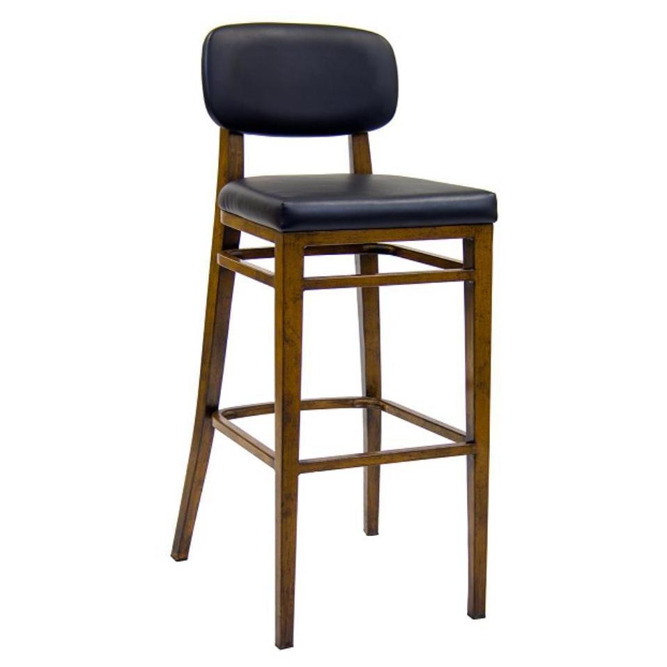 Modern bar stool in metal with wood finish, black vinyl seat, and round backrest