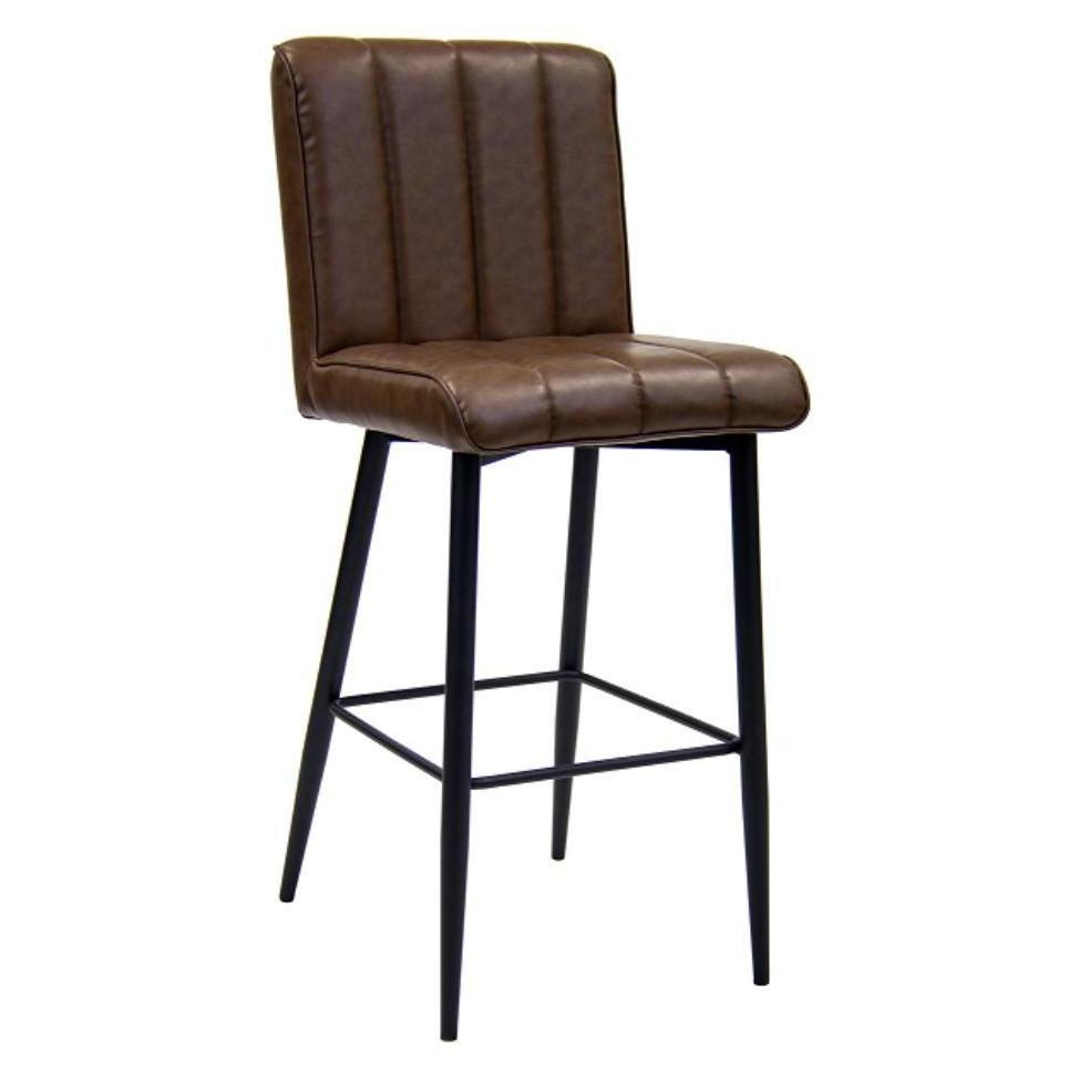 Indoor metal bar stool with brown vinyl seat and backrest