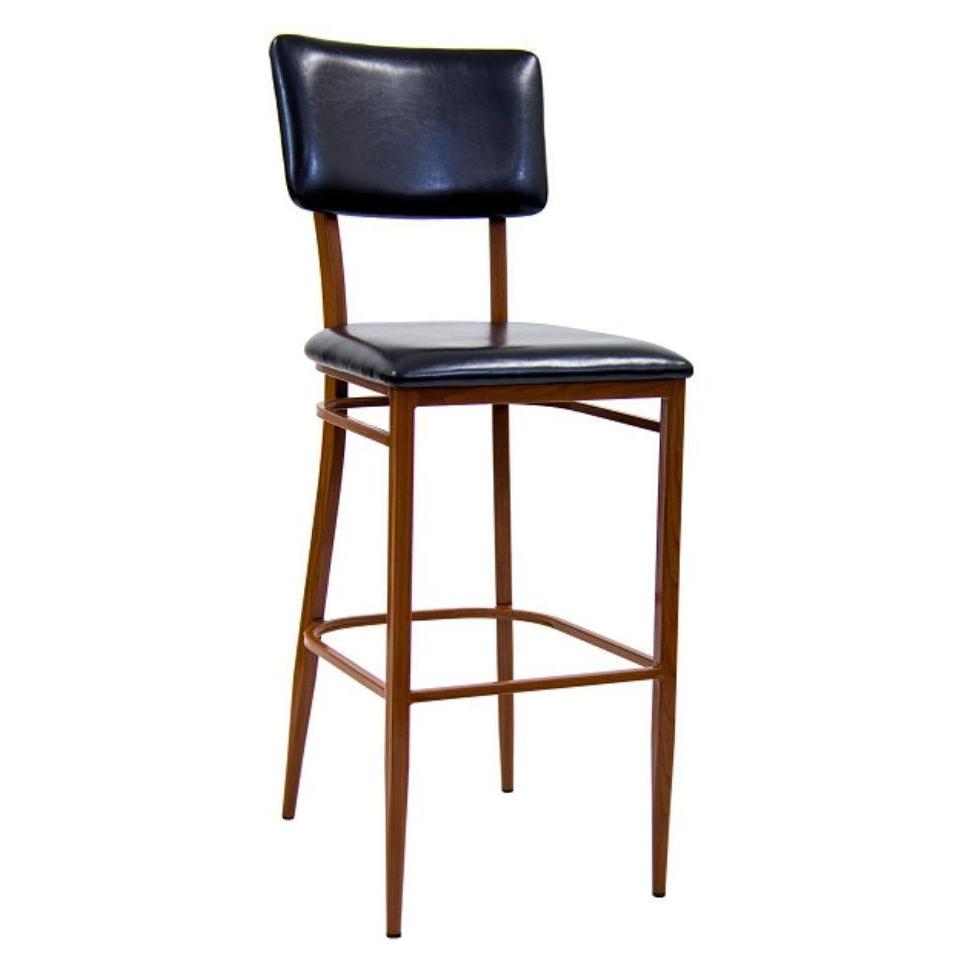 Indoor metal bar stool with mahogany finish, black vinyl seat and backrest