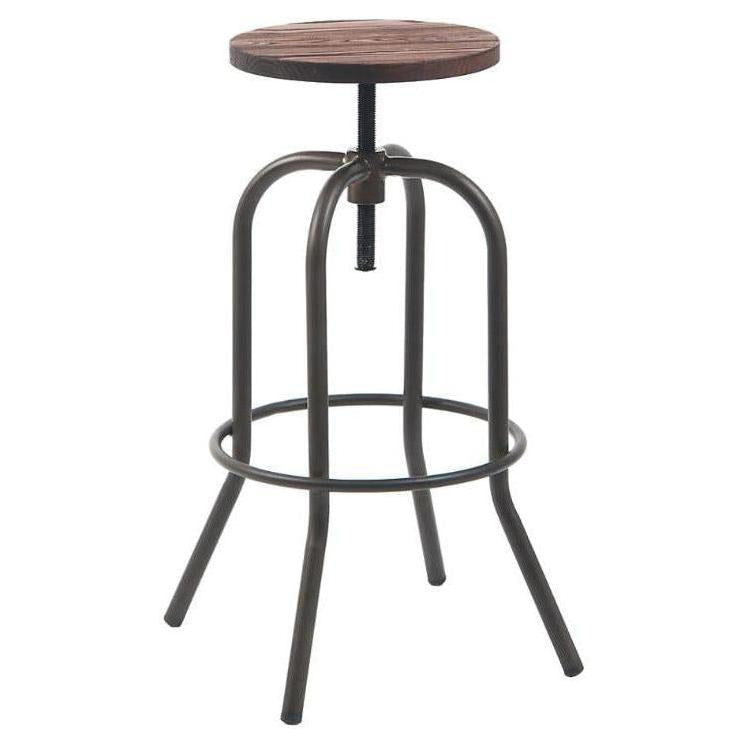 Taburete de bar sin respaldo con asiento de madera giratorio de acero acabado en gris oscuro.