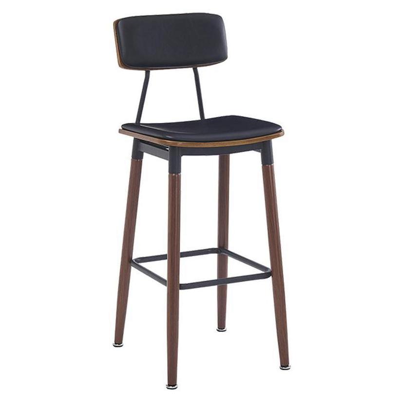 Bar stool in steel with wood finish and black padded oval backrest