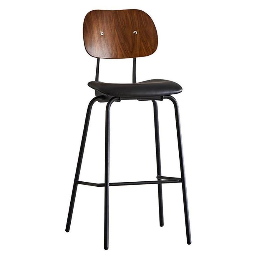 Tabouret de bar en métal noir avec dossier ovale plaqué et assise vinyle noire