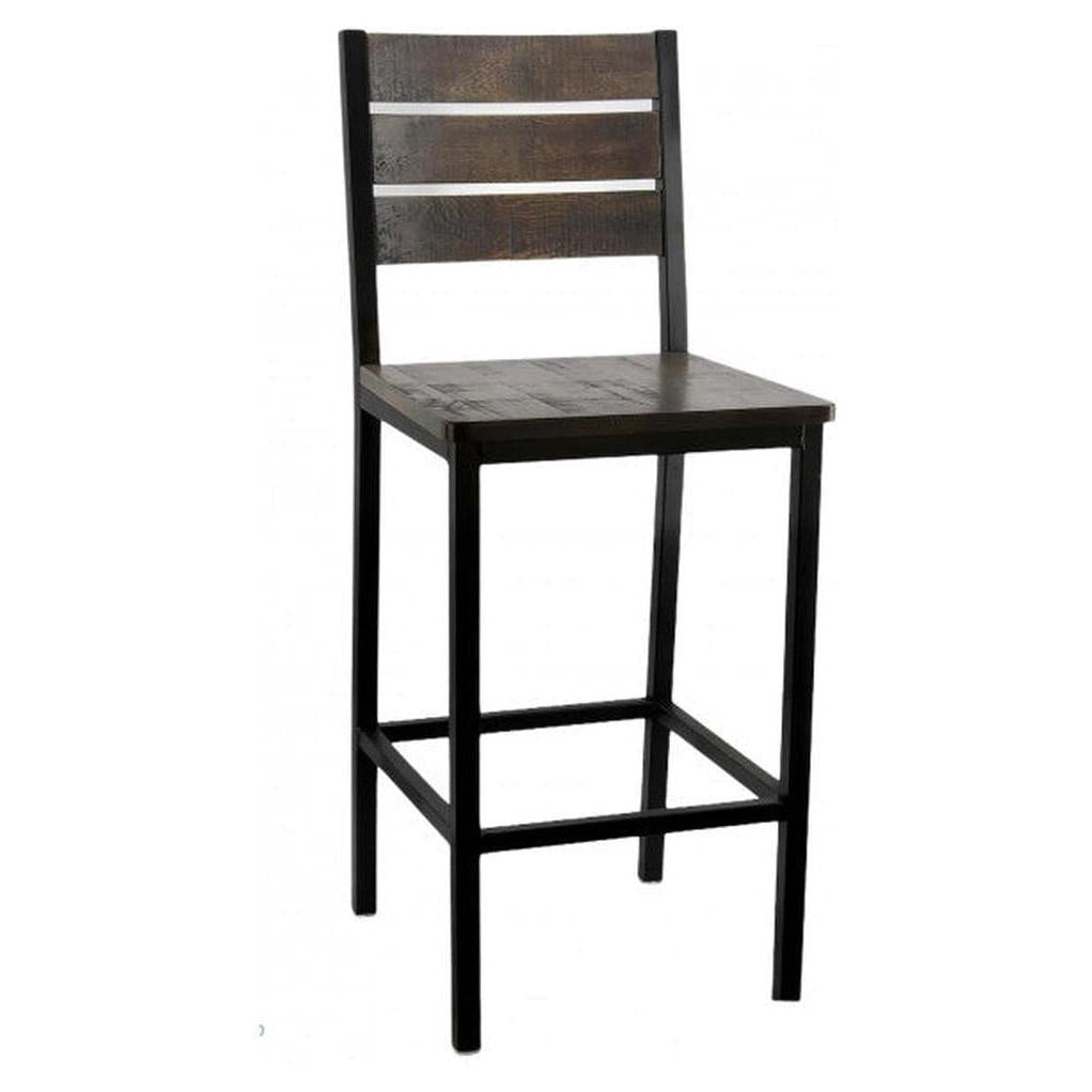 Tabouret de bar bois vieilli à dossier à lattes avec structure métal noire
