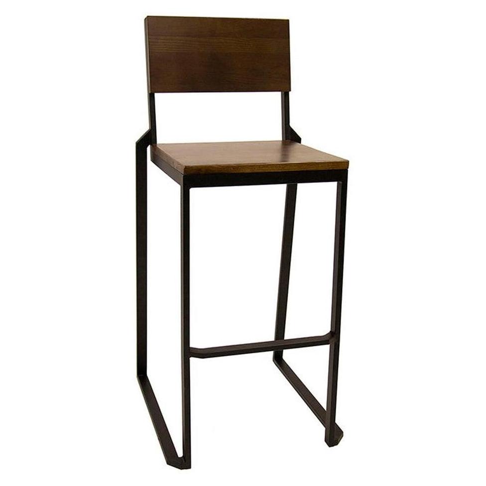 Tabouret de bar intérieur en métal noir avec assise et dossier frêne finition noyer