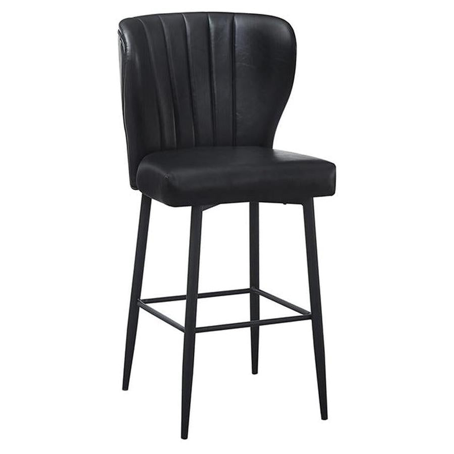 Tabouret de bar en acier noir avec assise vinyle noire et dossier surpiqué