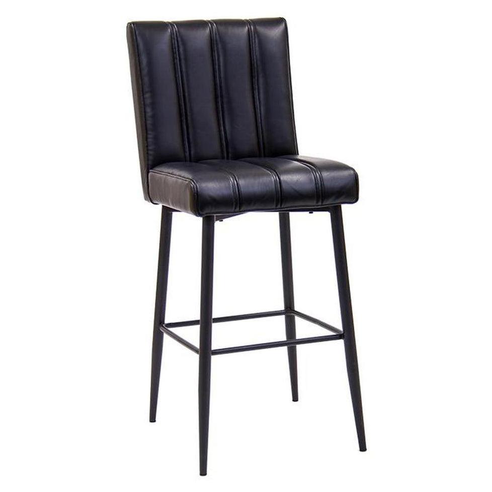 Indoor metal bar stool with black pleated vinyl seat and backrest