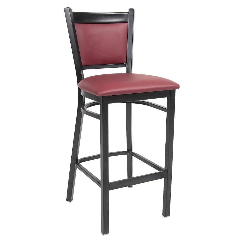 Tabouret de bar en métal noir avec assise et dossier vinyle bordeaux