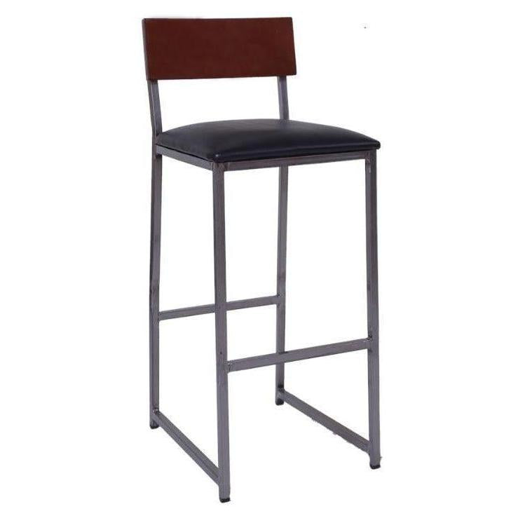 Tabouret de bar en métal avec dossier hêtre finition noyer et assise vinyle noire