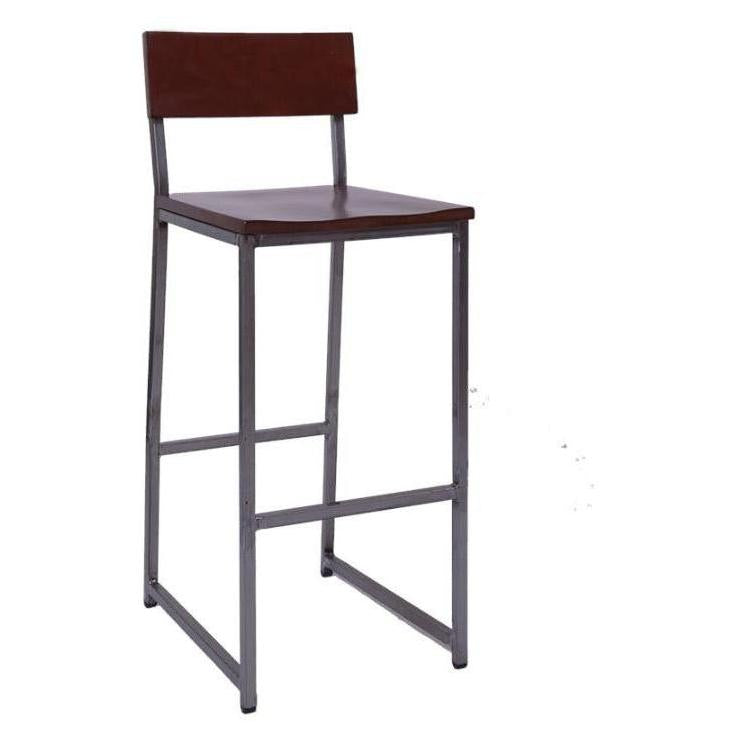 Bar stool in metal with backrest and seat in beech wood with walnut finish