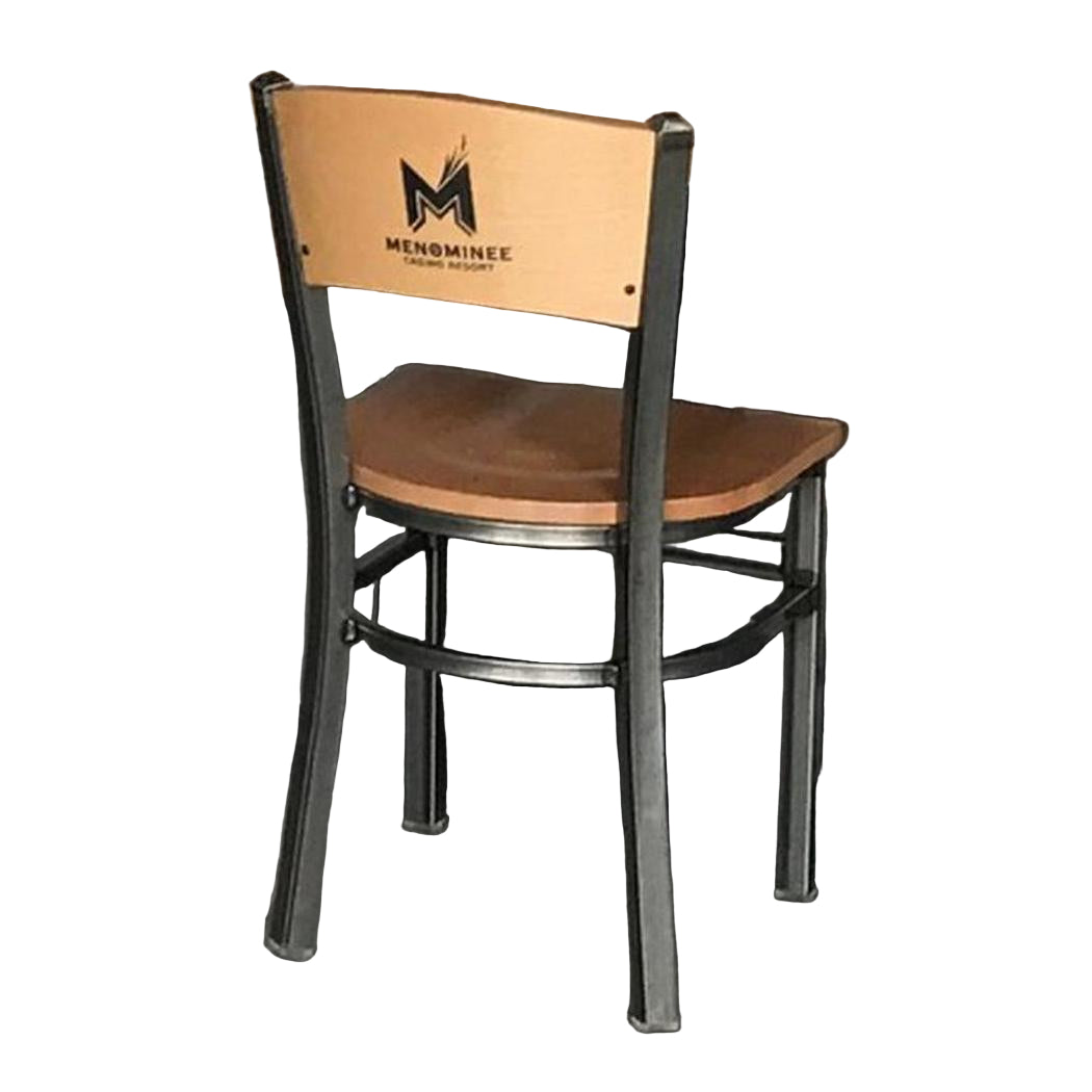 Customizable wooden chair with logo and metal frame