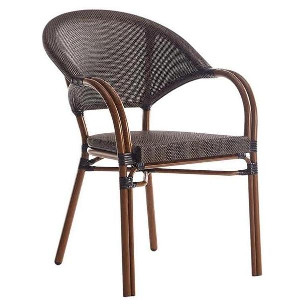 Brown metal armchair with poly-woven seat and backrest