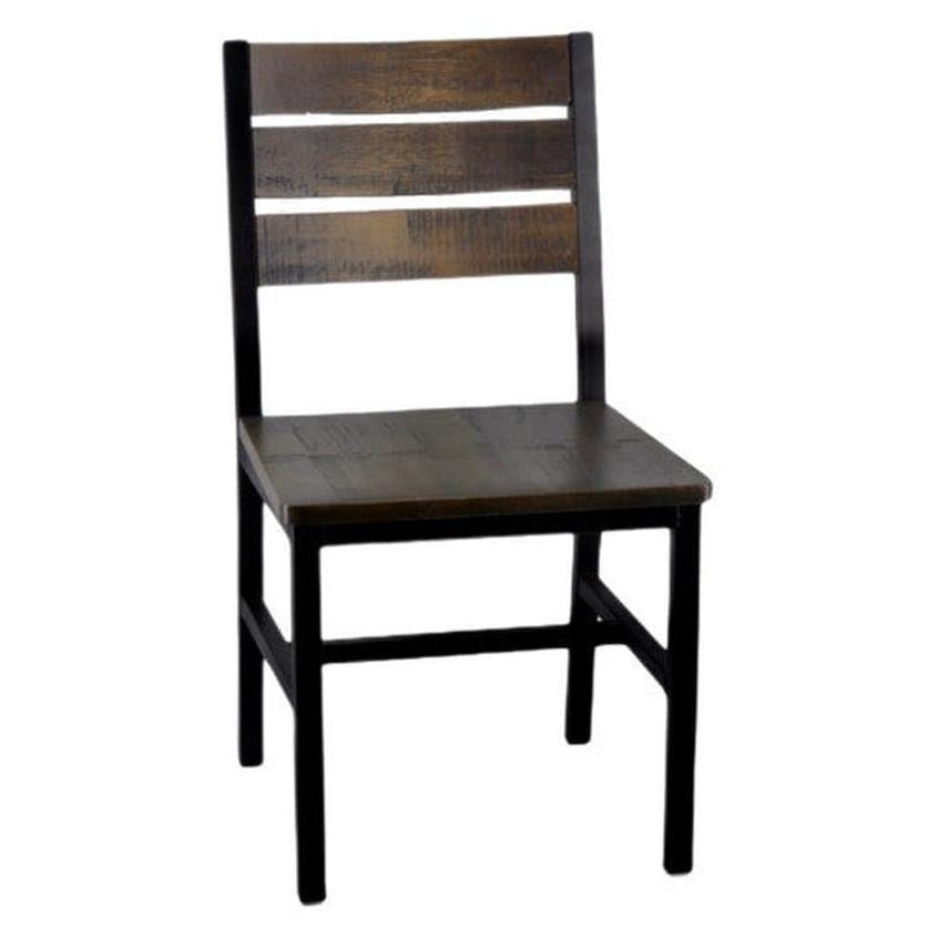 Aged wood lounge chair with slatted backrest and black metal frame