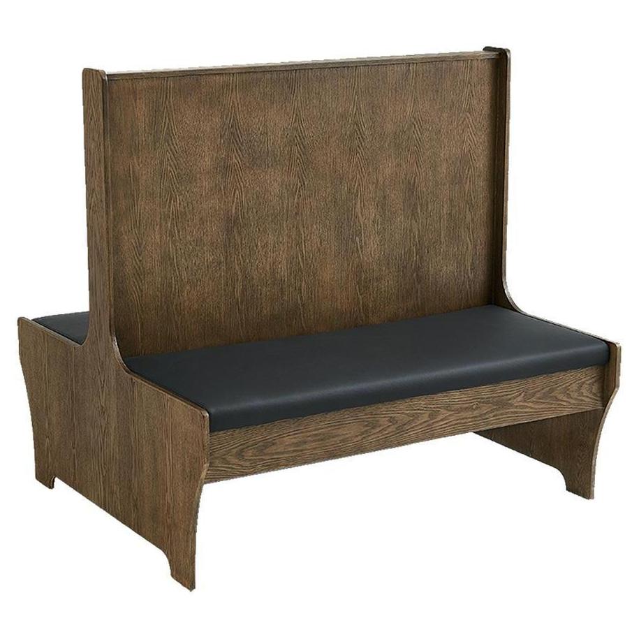 Bancos de restaurante con estructura de madera chapada en nogal y asientos de vinilo negro acolchados