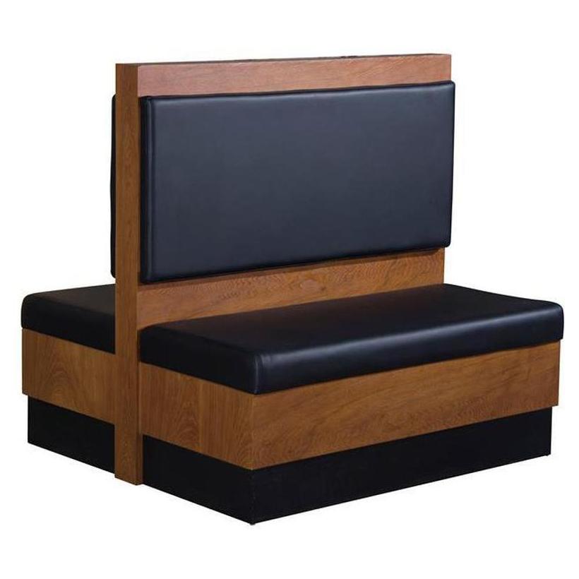 Black upholstered restaurant banquettes with cherry veneer.