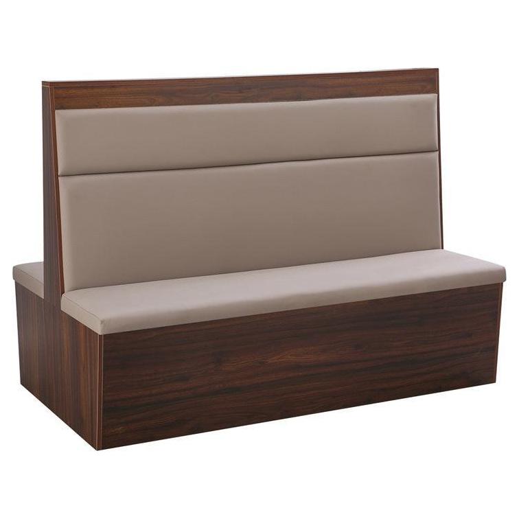 Banquette restaurant en mélaminé avec assise et dossier beige rembourrés et base plaquée noyer