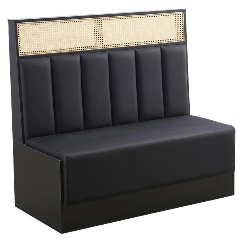 Banquette simple en vinyle noir à canaux verticaux avec appui-tête en rotin tressé