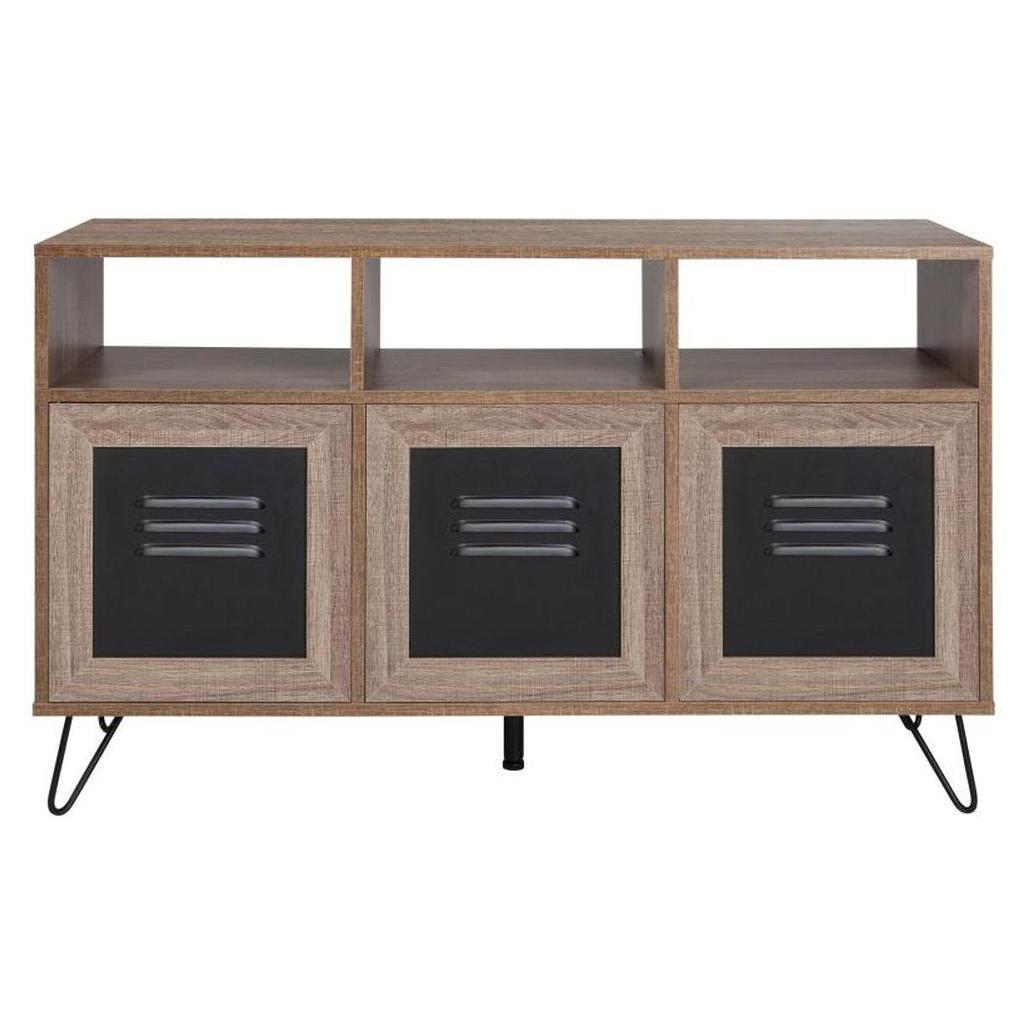 Storage furniture KAPVINI 112 cm wide with 3 shelves and metal doors, rustic wood finish