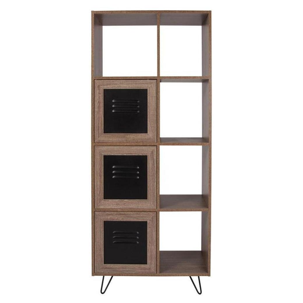 Bookshelf organizer KAPVINI height 160 cm with 5 cubes and metal storage doors, rustic wood finish