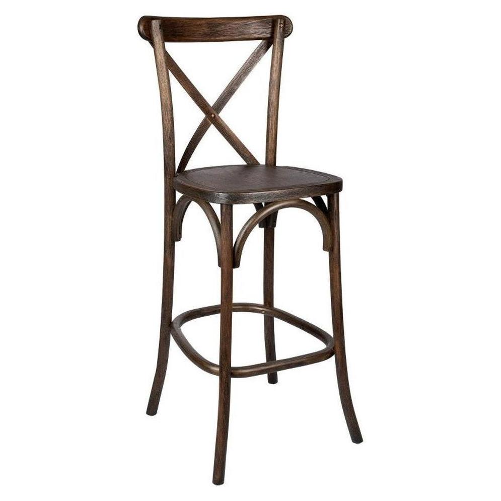 Taburete de bar apilable de madera de olmo con respaldo cruzado