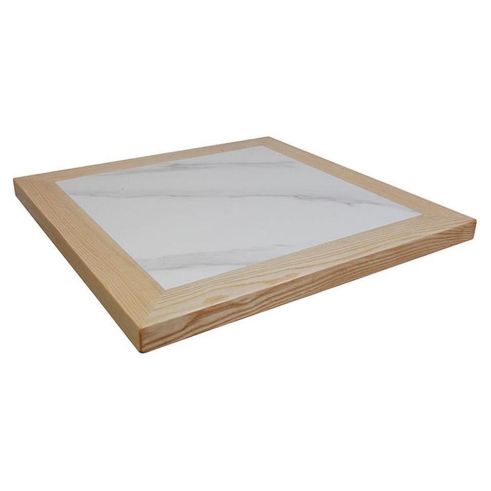 Indoor table top in white marble effect sintered stone with ash wood edge