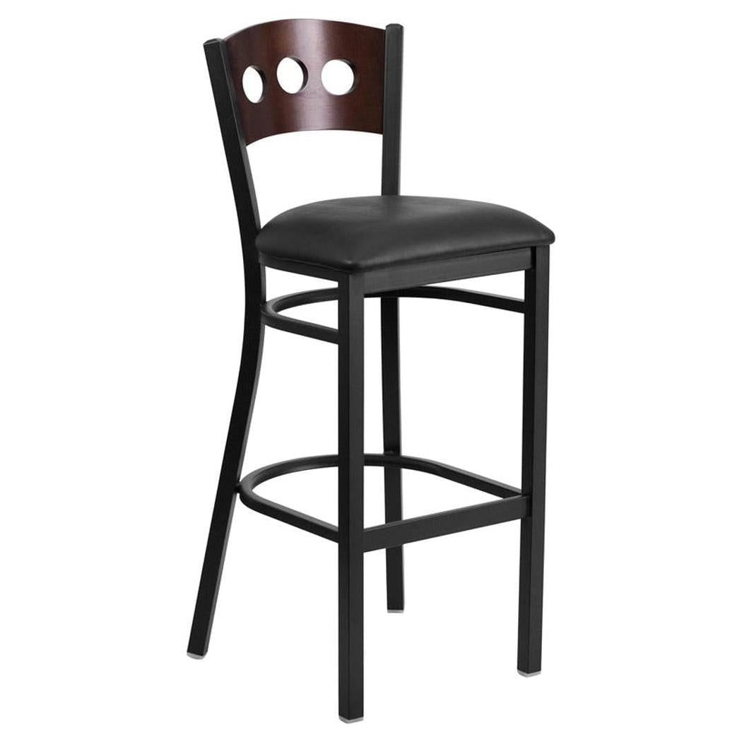 Restaurant bar stool TITAN Series in black metal with triple round backrest and walnut wood panel