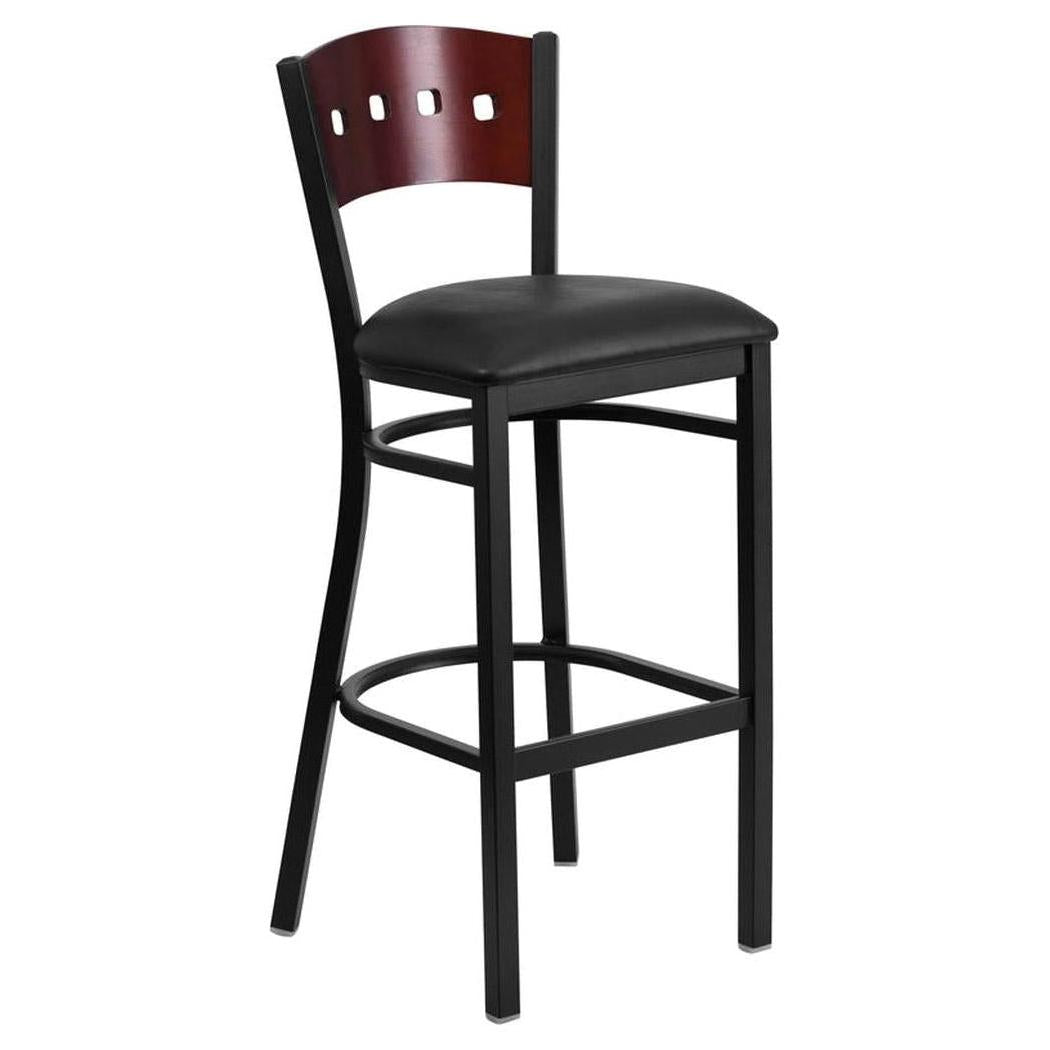 Tabouret de bar de restaurant TITAN Series en métal noir à dossier carré avec panneau bois acajou