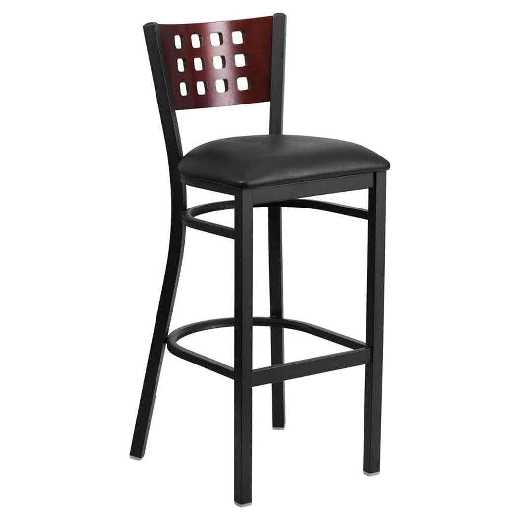 Bar stool from the TITAN Series for restaurants in black metal with open backrest and mahogany wood panel