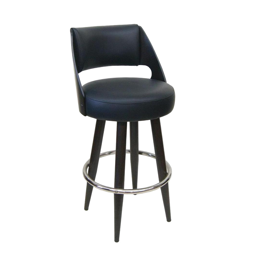 Tabouret de bar à structure métal finition bois noyer avec anneau chromé et assise vinyle noir